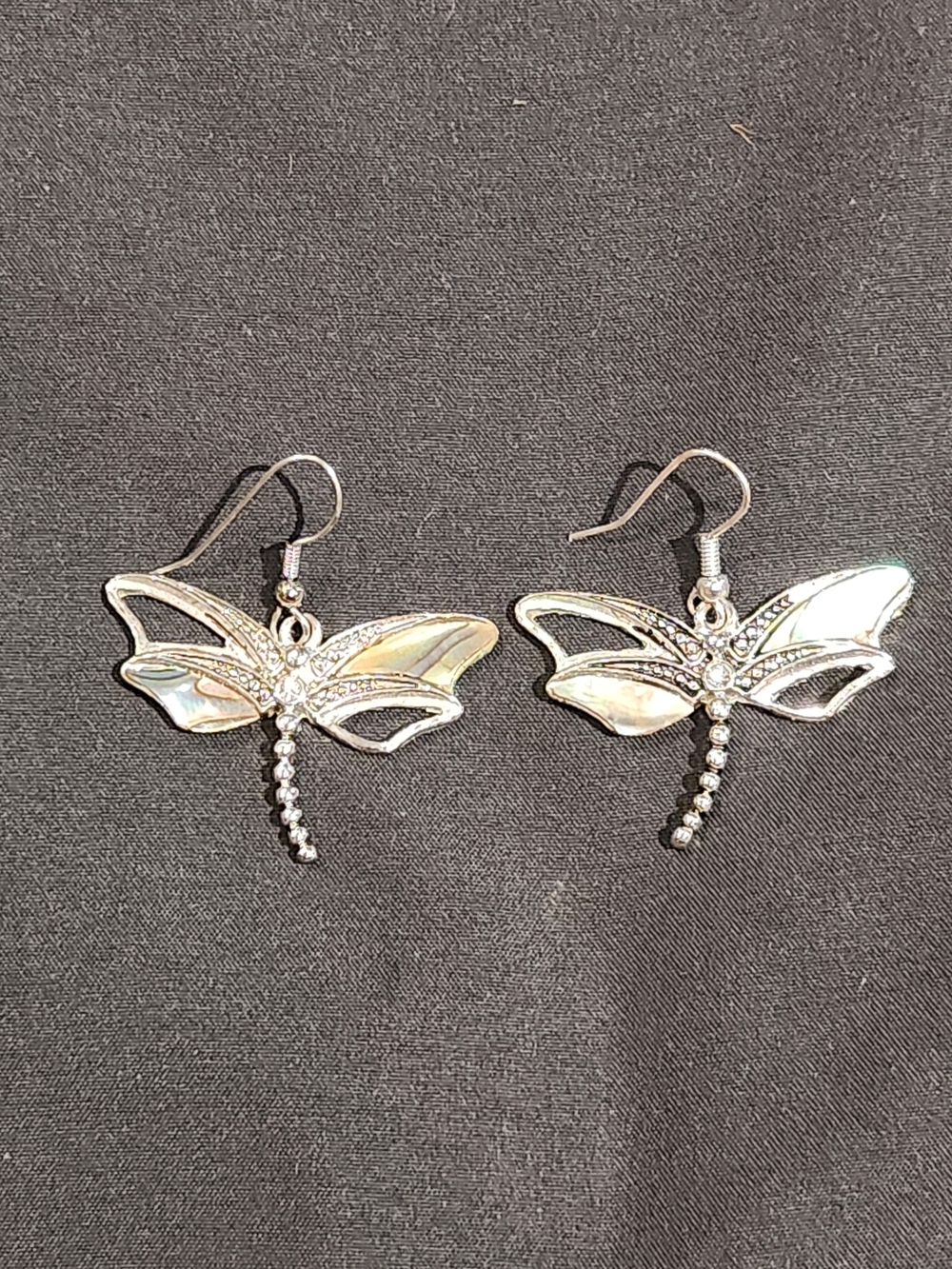 Silvertone Dragonfly Drop Dangle Earrings Mother of Pearl Wings Rhinestone Trim